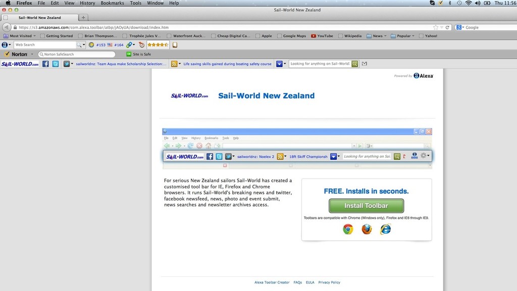 You will then get a series of screens as the Toolbar installs itself, just accept or Ok the options asking if you want to install etc. You should finish with a screen that looks like this (the first one you saw), except now you can see the Sail-World toolbar has installed below the other toolbars ©  SW